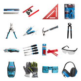 Carpentry Starter Kit 16-piece Fixtec tool kit: steel ruler, combination square, 300 mm speed square, chalk line, tin snip, multi-tool, claw hammer, carpenter plier, utility knife, chisels, pencils, goggles, tool bags, gloves and ear muffs