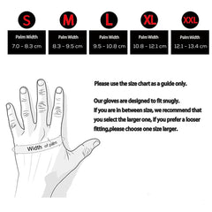 Glove size chart with measurements for palm width and recommended glove sizes.