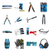 Carpentry Bundle 16-piece Fixtec carpentry tool kit: steel ruler, 8 m tape, bevel, chalk line, tin snip, multi-tool, claw hammer, carpenter plier, utility knife, wood chisels, pencils, goggles, tool bags, gloves and ear muffs