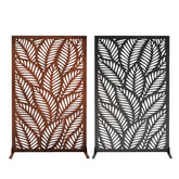 Two decorative screen panels with leaf pattern, one in corten steel and one in black coating