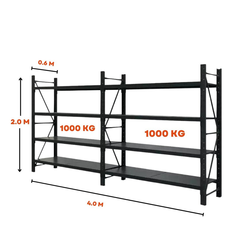 Heavy Duty Warehouse Garage Storage H2000 x L4000 x D600 mm Matte Black Steel 2 Base Shelving Unit - 2000kg - Tool Market