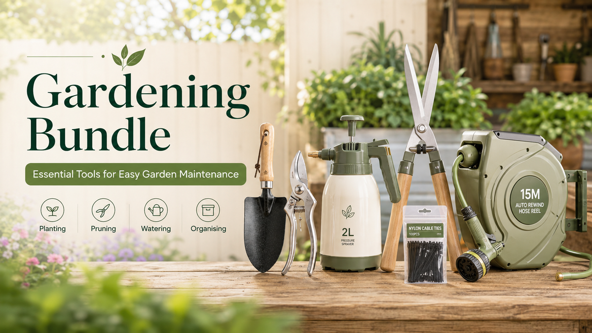 Gardening bundle featuring pruning shears, hedge shears, garden trowel, pressure sprayer, hose reel and essential garden tools for planting, watering and garden maintenance from Tool Market Australia.