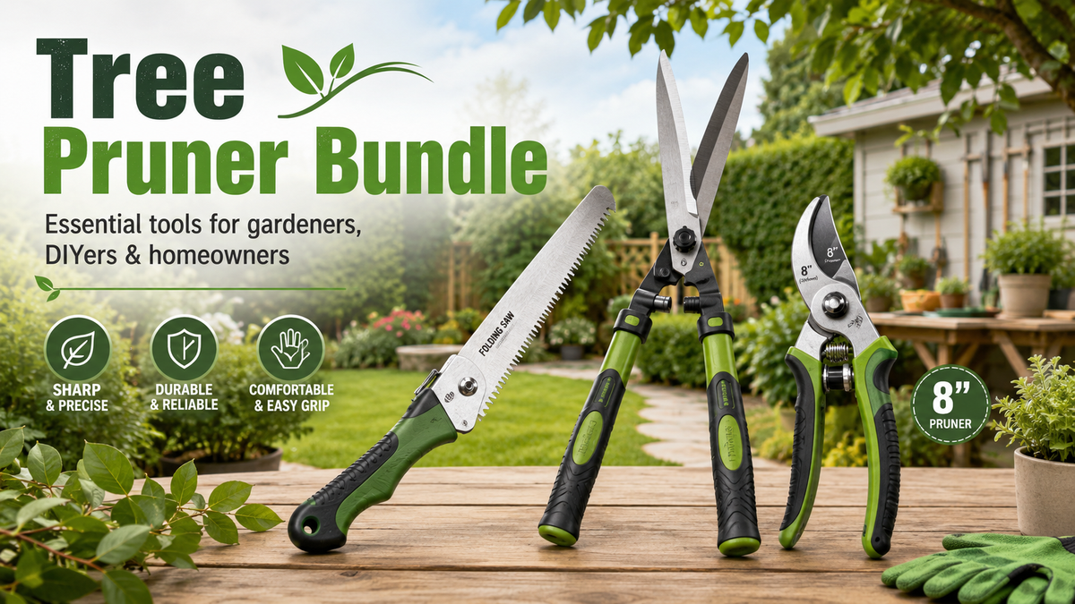 Tree pruner bundle featuring pruning shears, hedge shears and a folding pruning saw, ideal for tree pruning, garden maintenance and landscaping projects from Tool Market Australia.