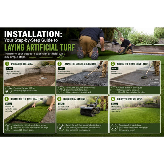 Step-by-step guide to installing artificial turf, showing ground preparation, crushed rock base, stone dust, turf installation and lawn finishing for a professional synthetic grass installation from Tool Market Australia.