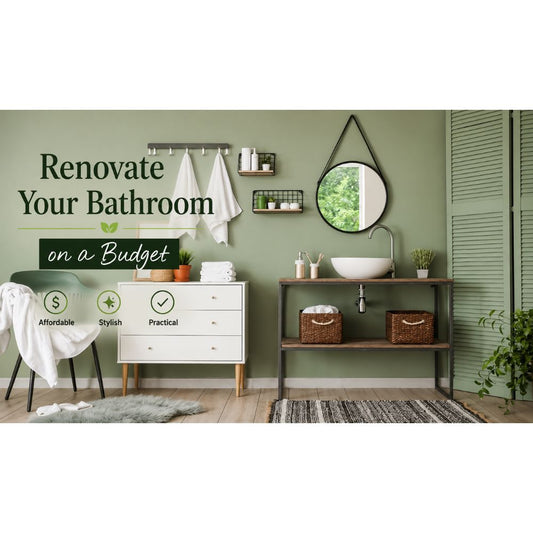 Modern bathroom renovation featuring a vanity, basin, storage cabinet and stylish décor, showcasing affordable bathroom renovation ideas for creating a functional and stylish space on a budget from Tool Market Australia.