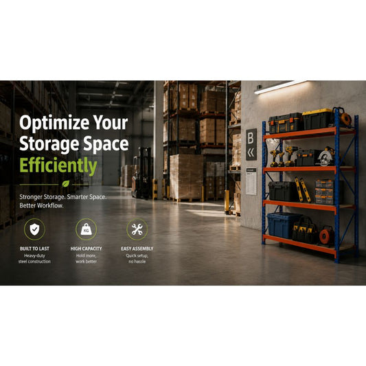 Heavy-duty warehouse shelving stocked with toolboxes, power tools, storage bins and workshop essentials, showcasing efficient storage solutions for warehouses, garages and workshops from Tool Market Australia.