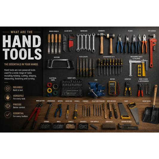 Workshop hand tools including hammers, screwdrivers, pliers, wrenches, chisels, measuring tools and socket sets, showcasing essential hand tools for DIY projects, woodworking, construction and professional trades from Tool Market Australia.