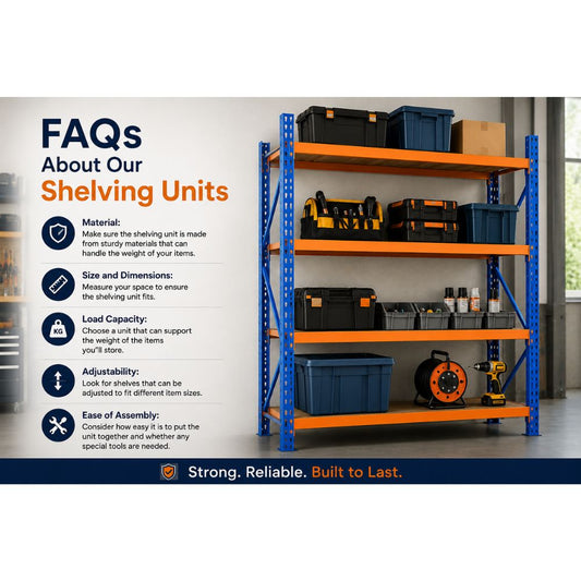 Heavy-duty shelving unit organised with storage bins, toolboxes and workshop essentials, showcasing durable, adjustable storage solutions for garages, warehouses and workshops.