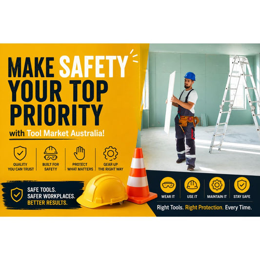 Construction safety guide featuring PPE, hard hat, safety glasses, gloves, power tools, safety equipment, PPE, safe work practices for DIY and professional trades from Tool Market Australia.
