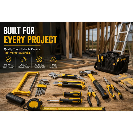 Quality hand tools for construction and DIY projects, including hacksaw, hammer, pliers, screwdrivers and adjustable wrench, available at Tool Market Australia.