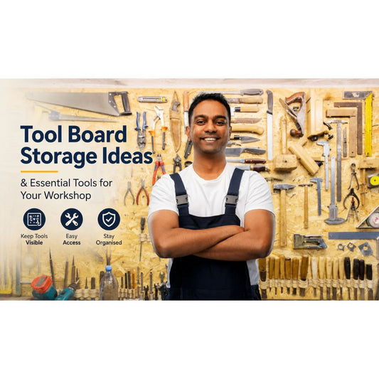 Organised tool board with essential hand tools in a workshop, showcasing practical tool storage ideas for keeping tools visible, accessible and organised from Tool Market Australia.