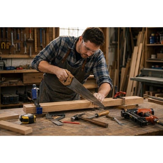 Professional carpenter using a hand saw in a woodworking workshop, highlighting carpenters' 15 most used tools, including essential hand tools and power tools for woodworking, carpentry and DIY projects from Tool Market Australia.