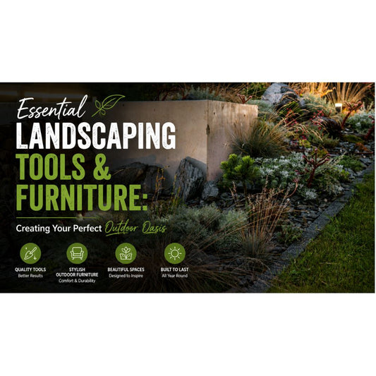 Modern landscaped garden featuring outdoor furniture, garden lighting and decorative plants, showcasing essential landscaping tools and furniture for creating a stylish, functional outdoor oasis from Tool Market Australia.