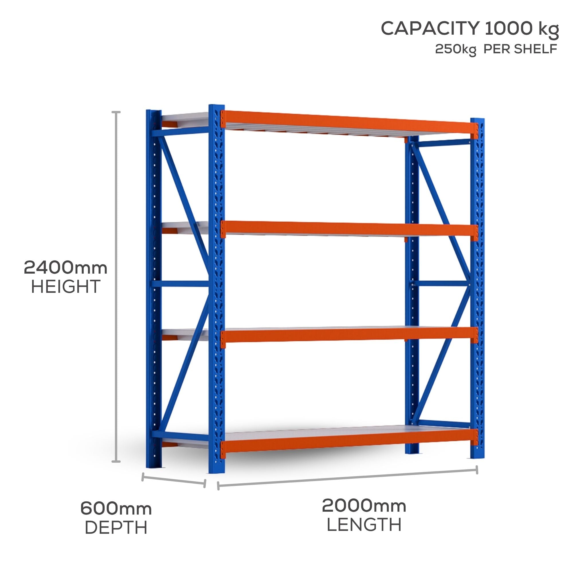 1Bay H2400 x L2000 x D600mm Range Heavy Duty Warehouse Garage Storage Steel Shelving Unit - Tool Market