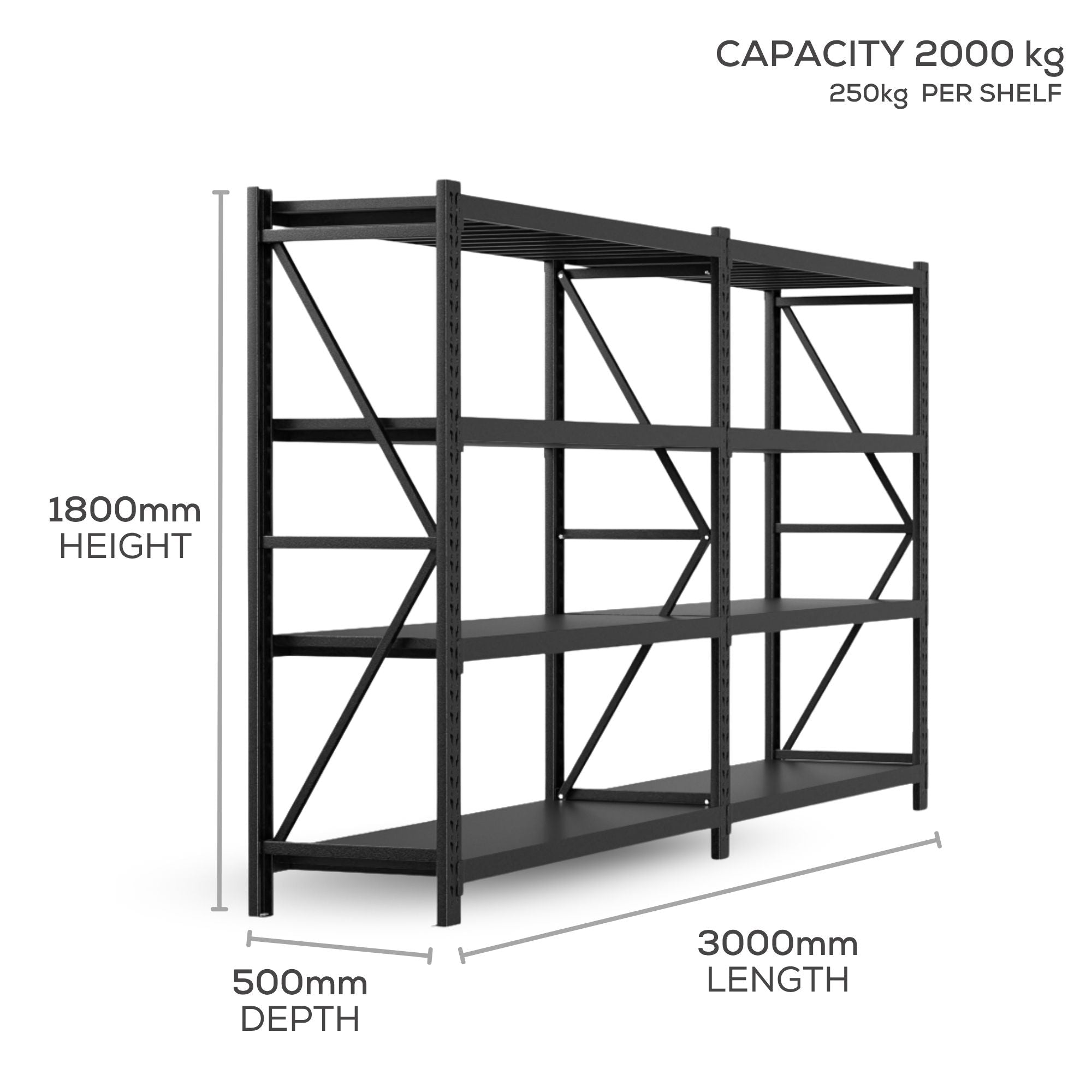 2Bay H1800 x L1500 x D500mm Range Heavy Duty Warehouse Garage Storage Steel Shelving Unit - Tool Market