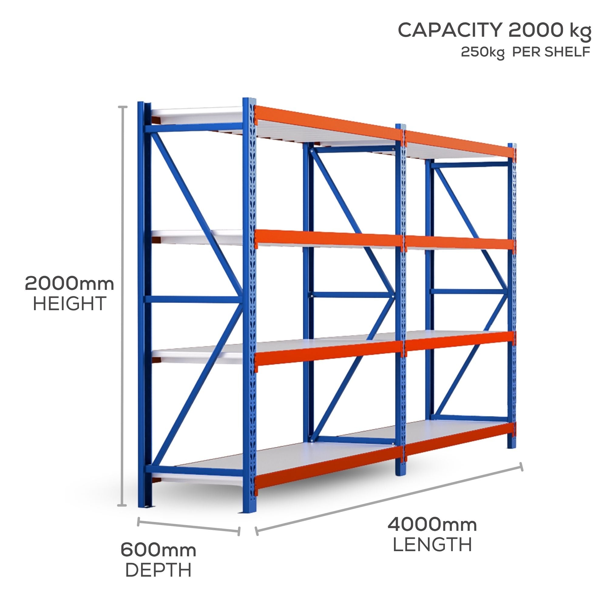 H2000 x L2000 x D600mm Range Heavy Duty Warehouse Garage Storage Steel Shelving Unit - Tool Market