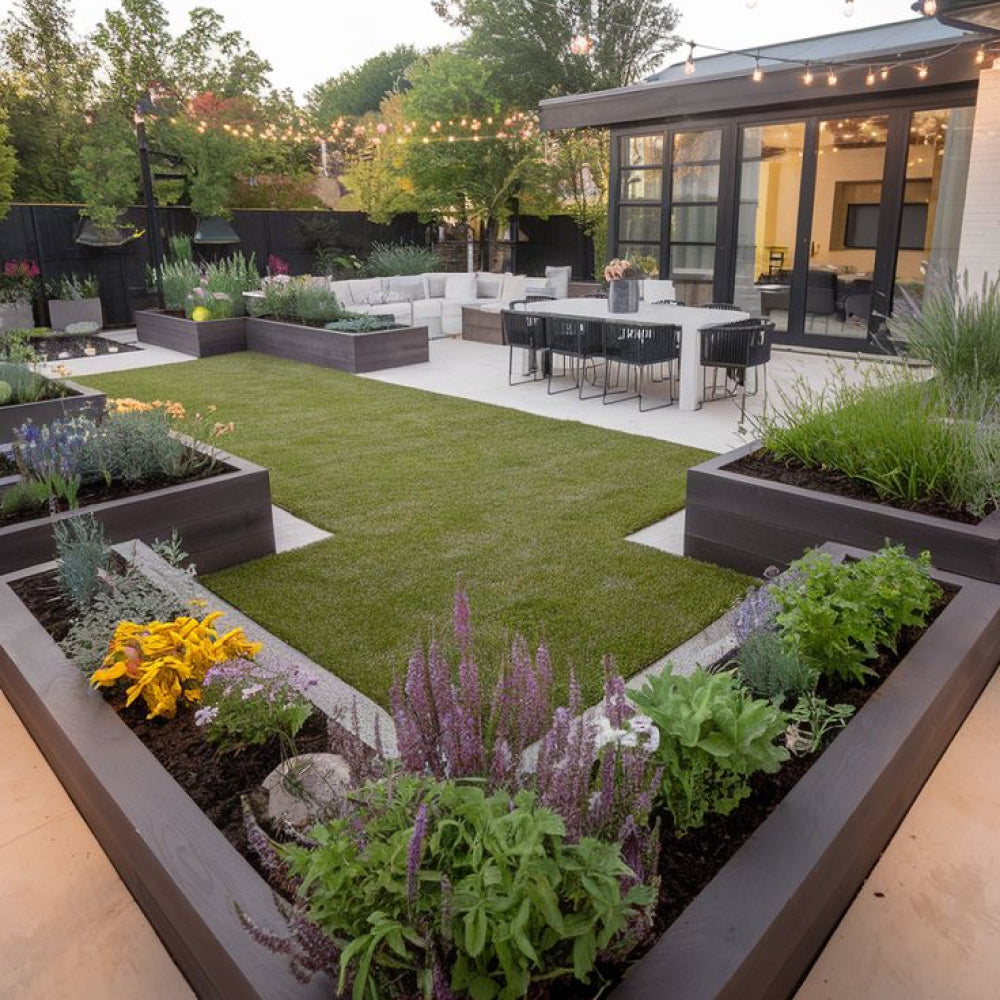 Modern outdoor patio with garden beds, seating area, and artificial grass
