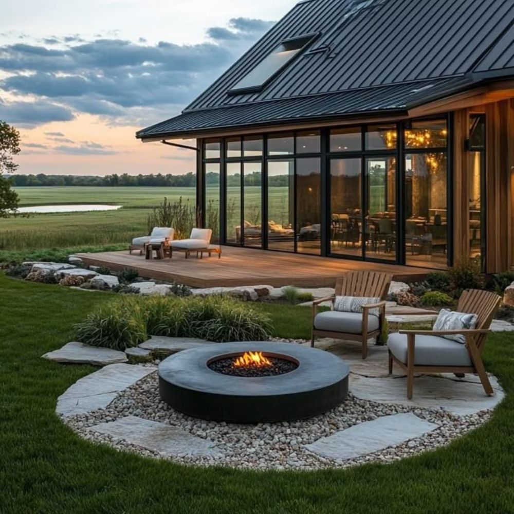 Outdoor patio with fire pit , artificial grass and seating area in front of a modern house.