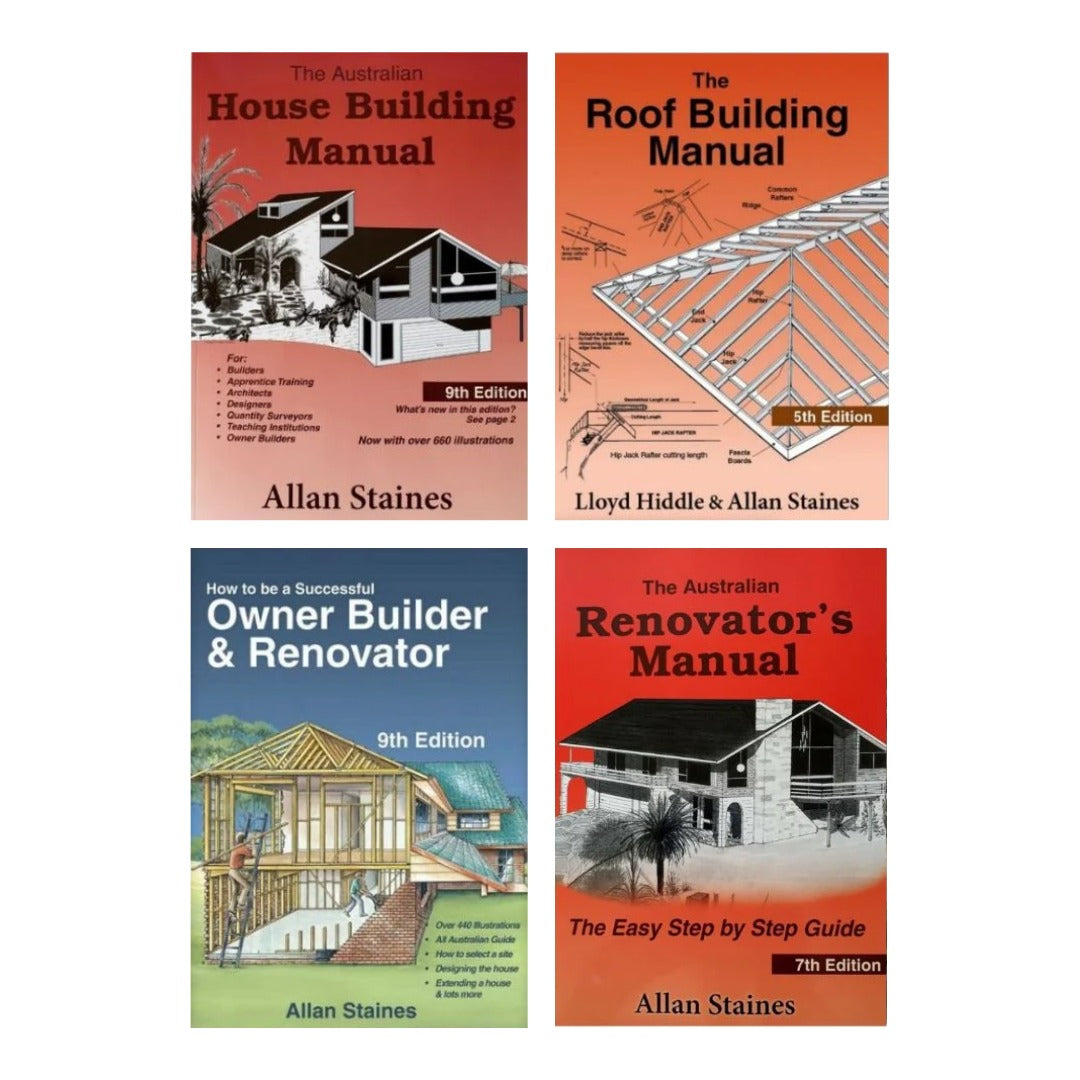 4x Allan Staines Bundle -Australia House Building Manual, Owner builder & Renovator, Renovator Manual and Roof Building Manual