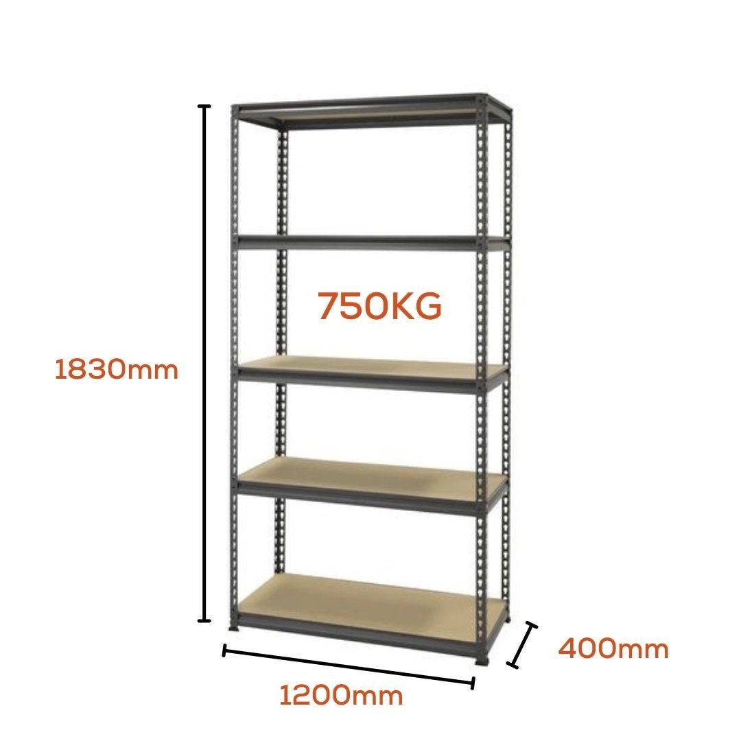 5 Tier Medium Duty Warehouse Garage Storage Black H1830 x L1200 x D400mm Steel Shelving Unit - 1000kg - Tool Market