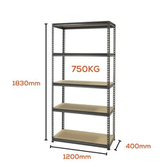 5 Tier Medium Duty Warehouse Garage Storage Black H1830 x L1200 x D400mm Steel Shelving Unit - 1000kg - Tool Market