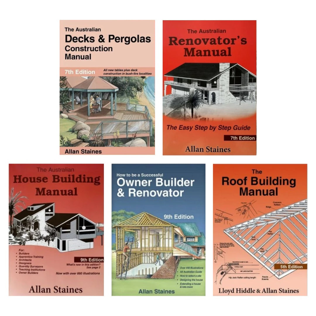 5 x Allan Staines Books, Australian House Building, Owner Builder, Renovator and Decks & Pergolas