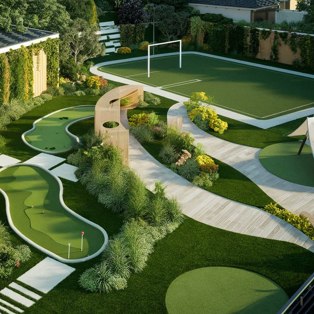Golf course with putting artificial grass and small golf course in a backyard setting