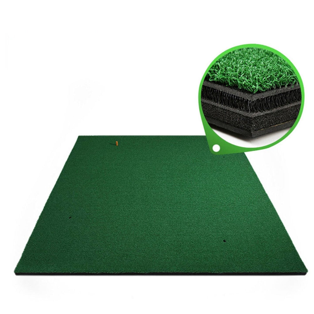 Green golf mat with a close-up inset showing the grass-like texture and black backing.