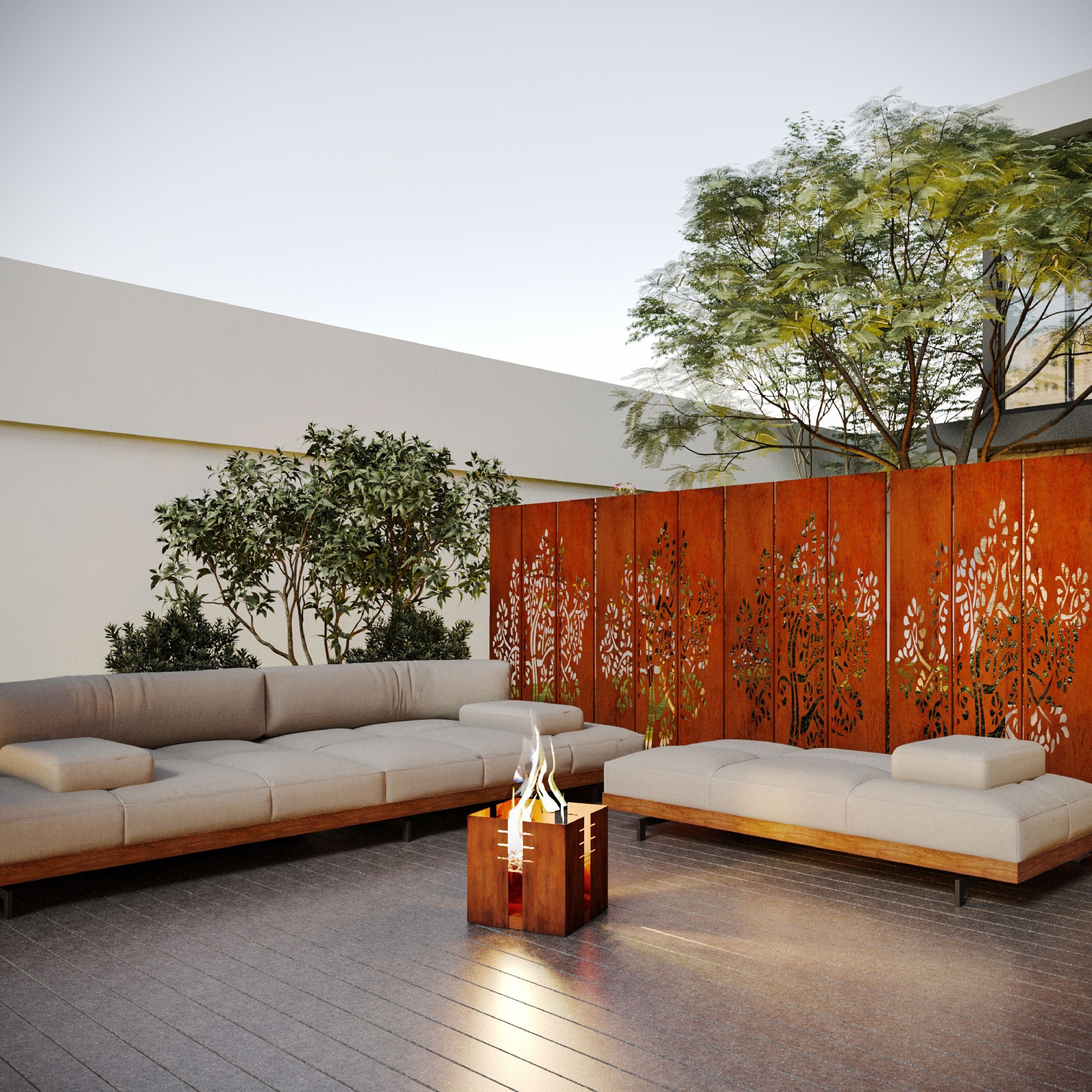 Outdoor Corten Steel firepit with modern furniture and decorative screen