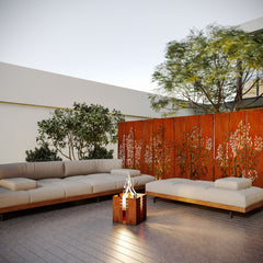 Outdoor Corten Steel firepit with modern furniture and decorative screen
