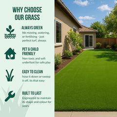 Advertisement for artificial grass with a house and garden in the background