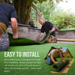 Two men installing artificial grass with text highlighting ease of installation.