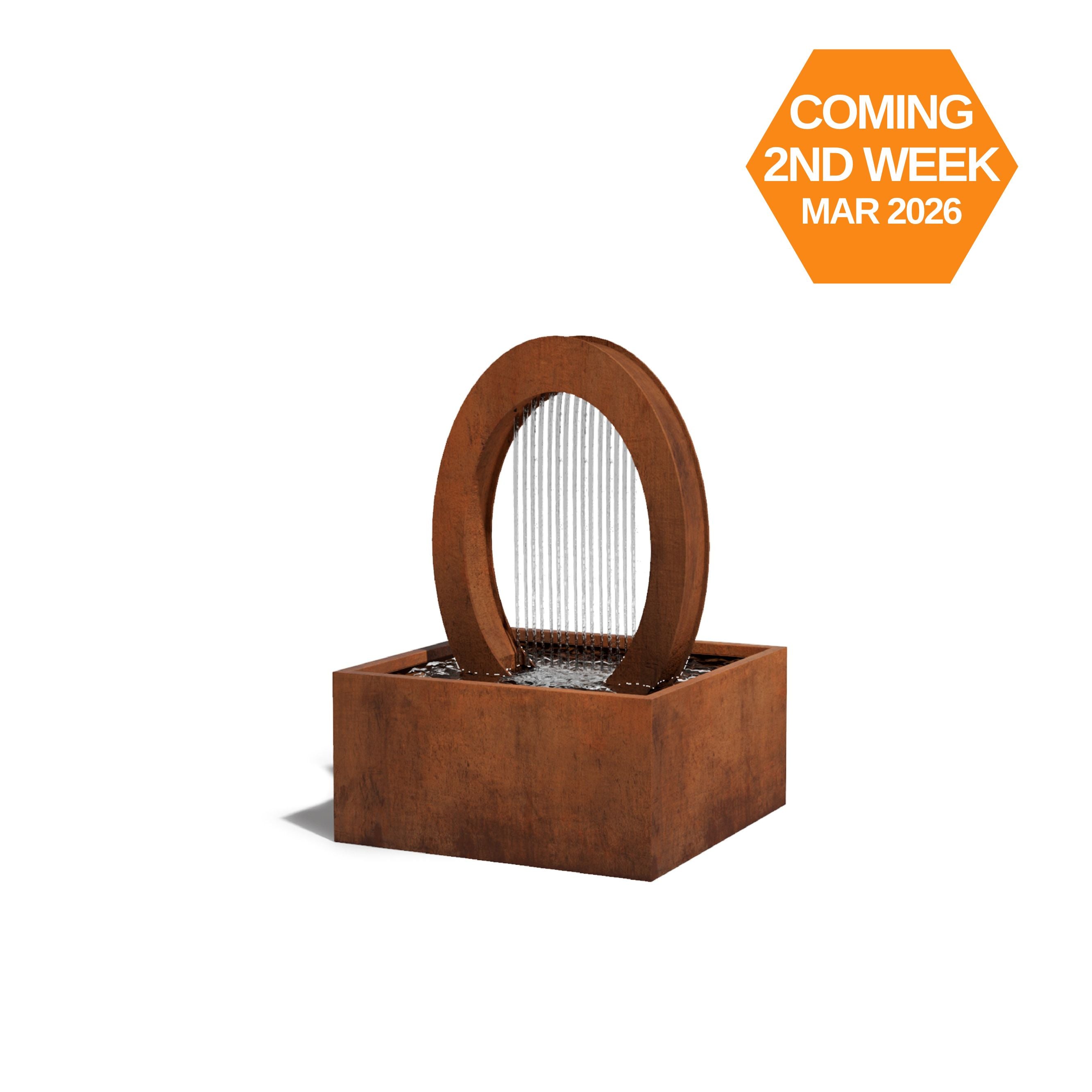 Rust-colored outdoor fountain with a circular design