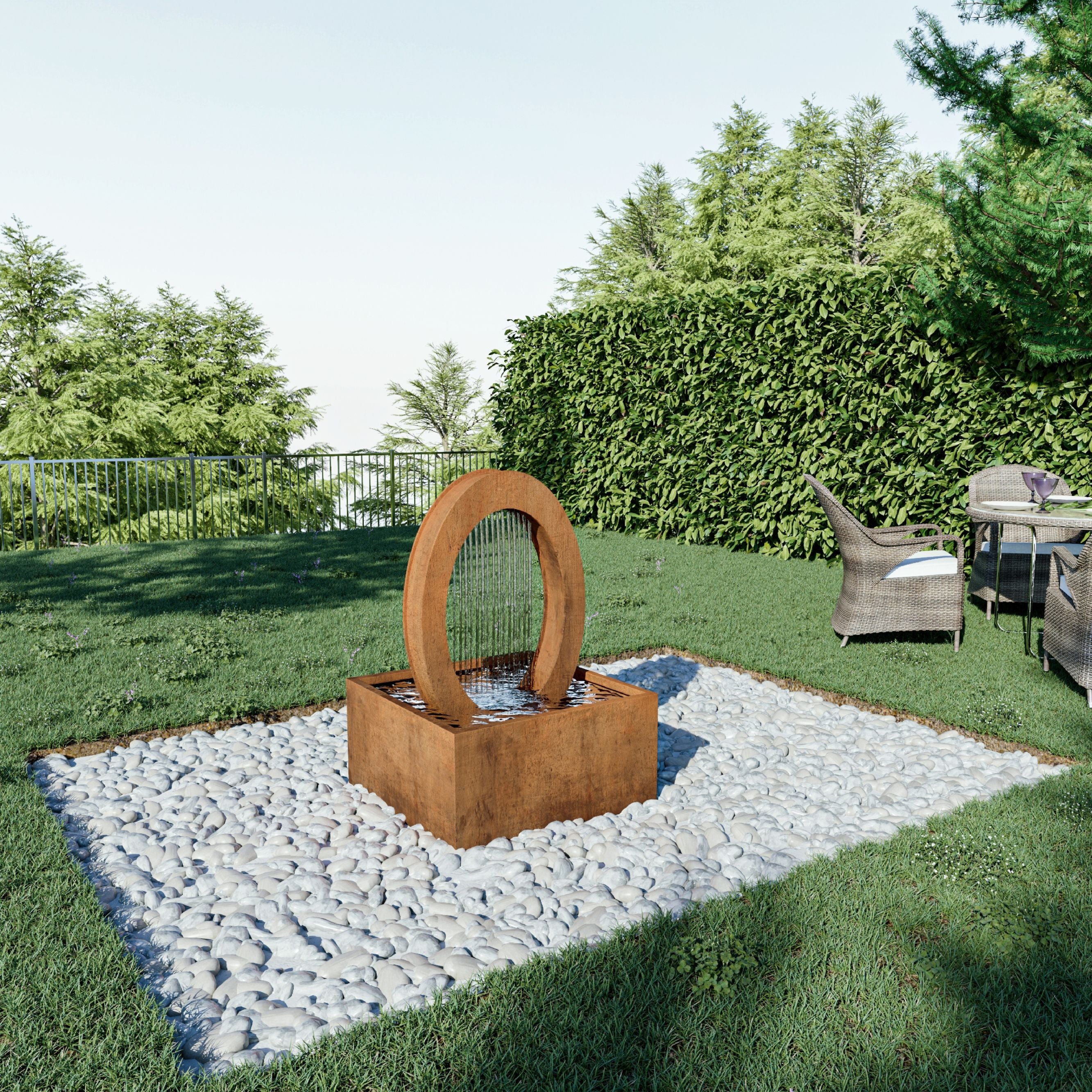Garden scene with Mac Landscape's water feature in outdoor area
