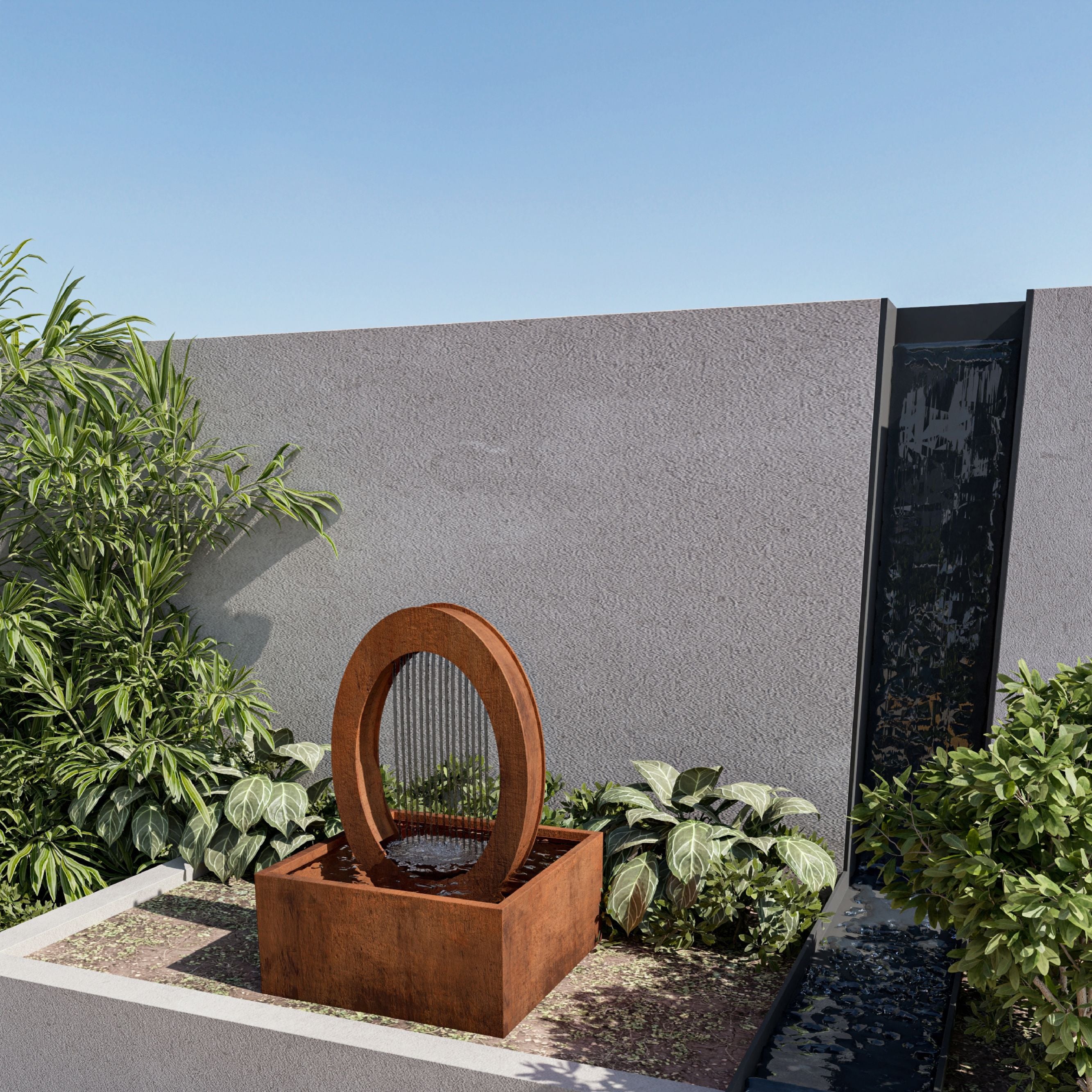 Decorative outdoor Mac Landscape's corten steel fountain with rusted metal design in a garden setting