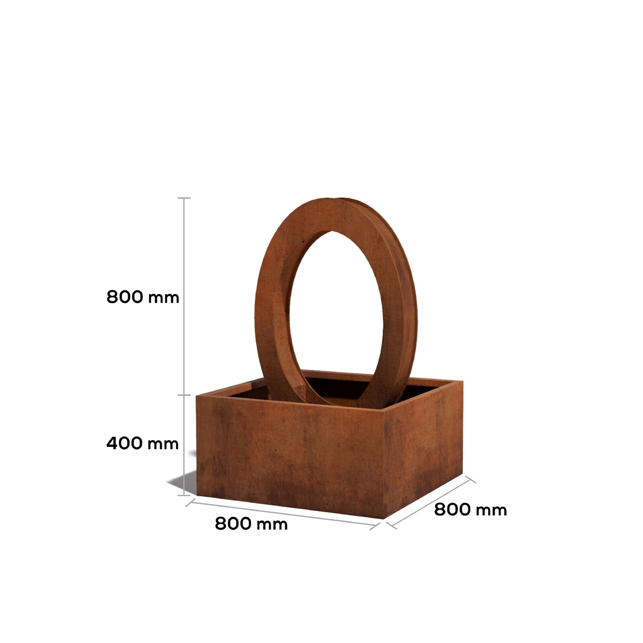 Rust-colored metal water feature with circular handle and dimensions