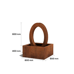 Rust-colored metal water feature with circular handle and dimensions