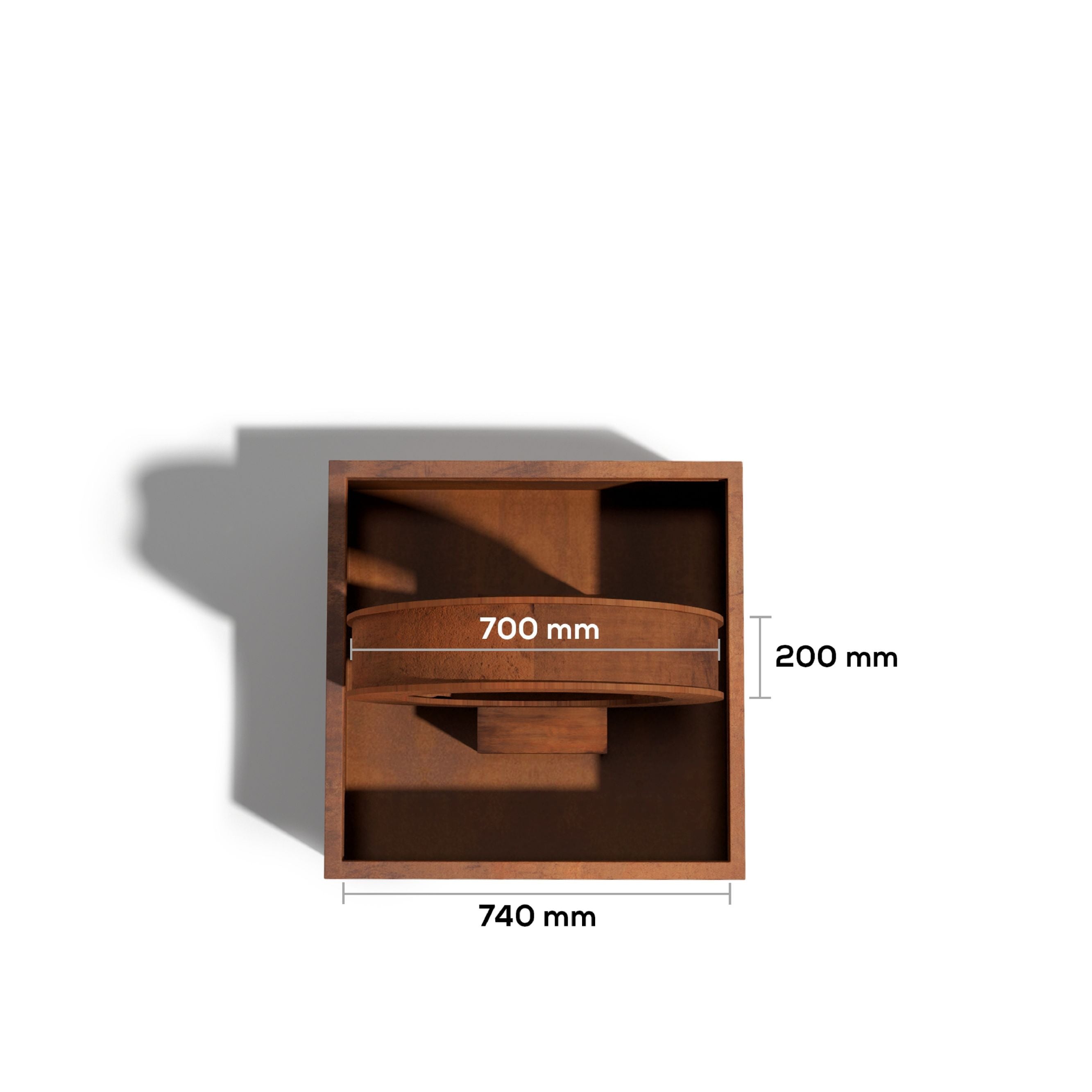 Mac Landscape Corten steel Water feature with dimensions labeled on a white background