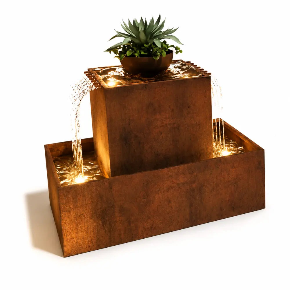 With Light/Corten Steel Babylon Garden Water Fountain - Tool Market 