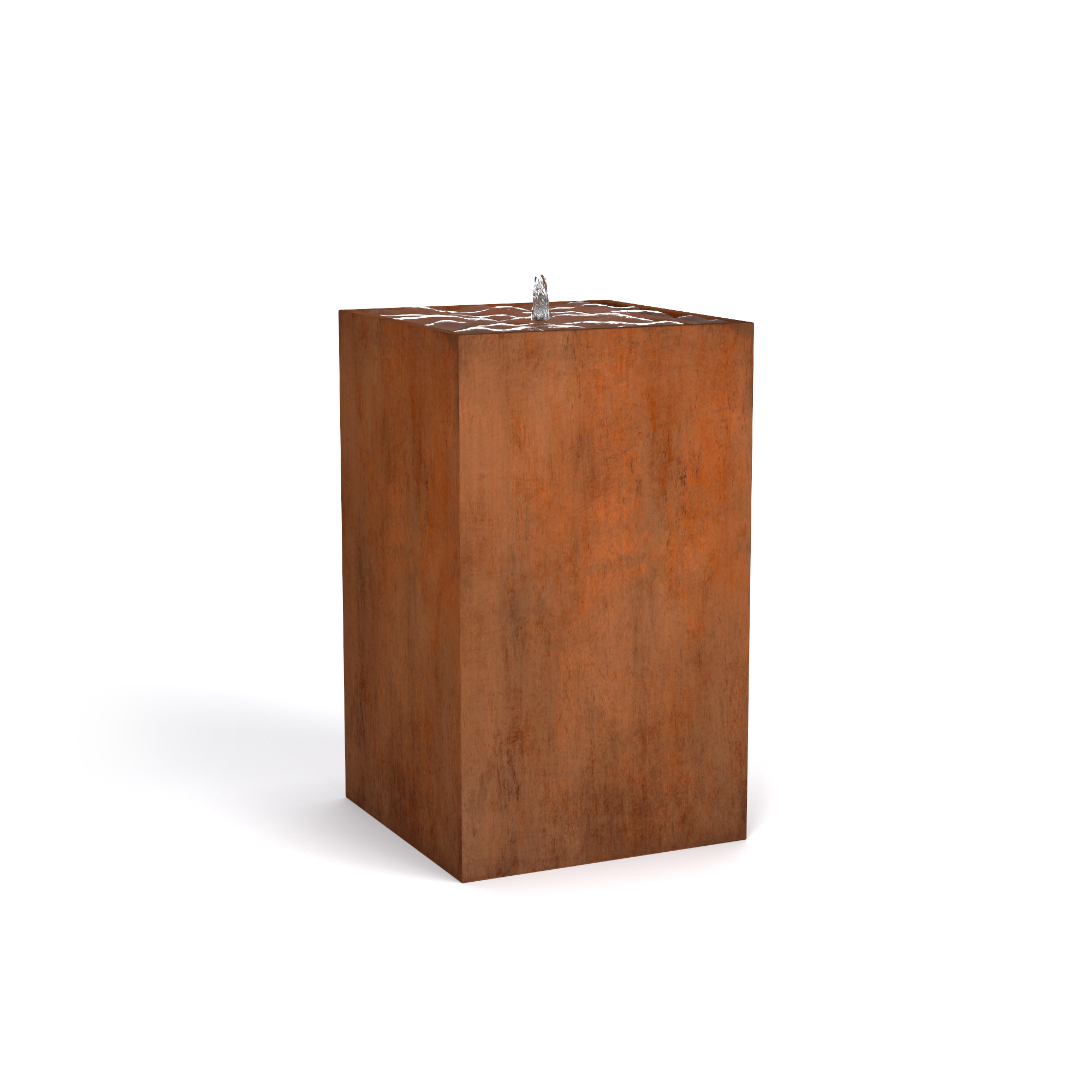 A rectangular corten steel water fountain with a spout on the top edge, displaying a rust-like brown finish.