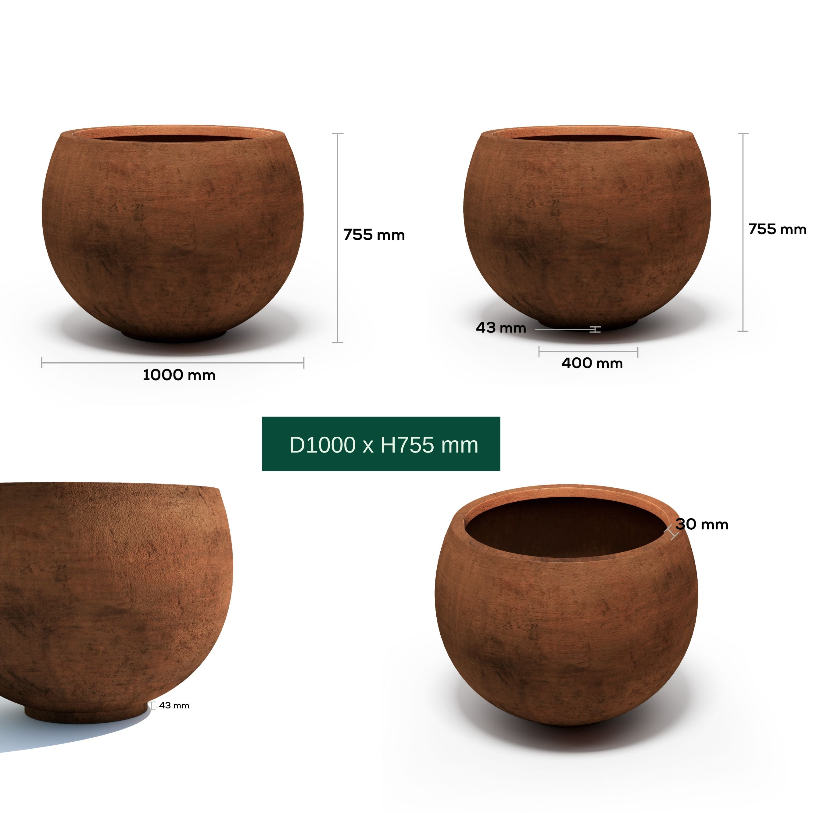 Corten Steel Bulb planters in size D1000 dimensions labeled 