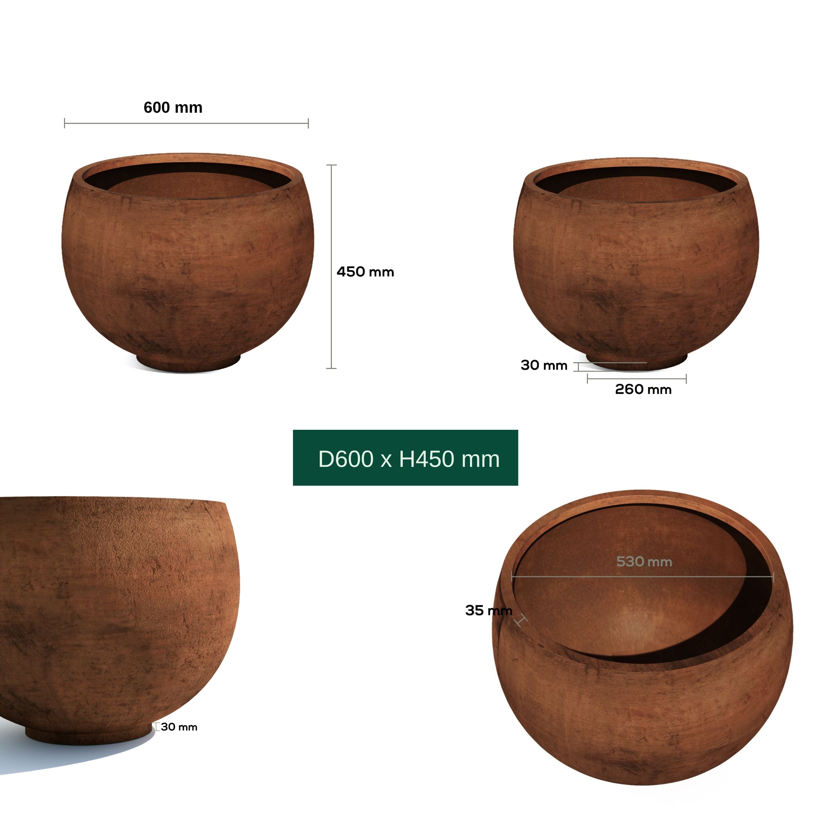 Corten Steel Bulb planters in size D600 dimensions labeled 