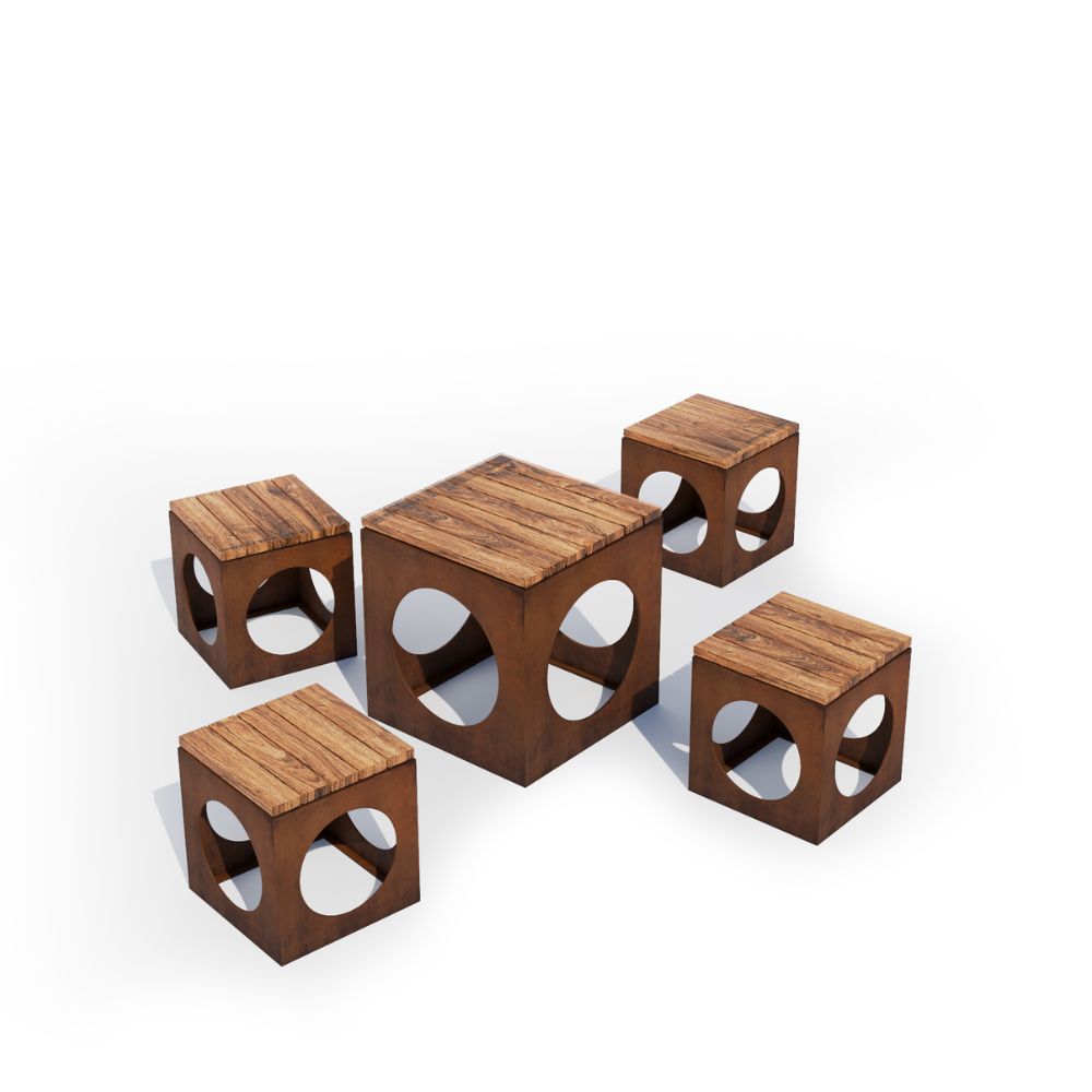 Corten Steel Bulushma Outdoor Cubic Table and Seats - Tool Market 
