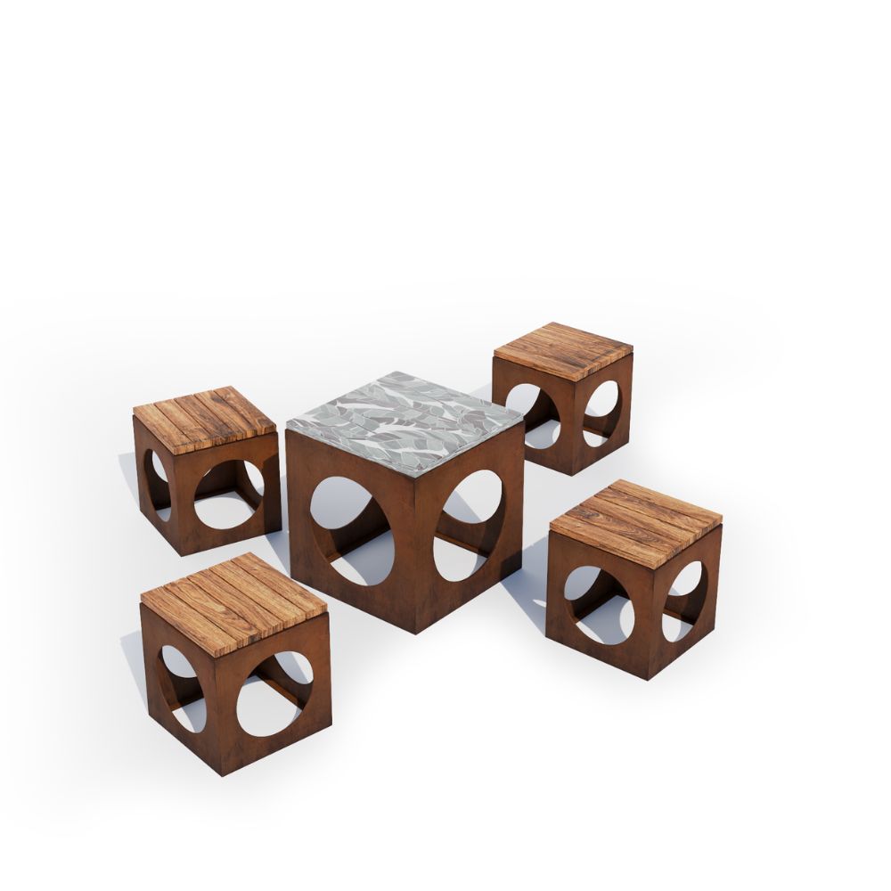 Corten Steel Bulushma Outdoor Cubic Table and Seats - Tool Market 