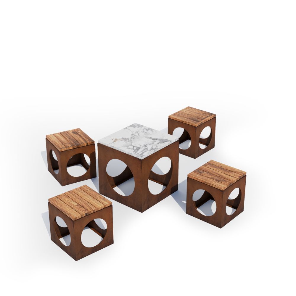 Corten Steel Bulushma Outdoor Cubic Table and Seats - Tool Market 