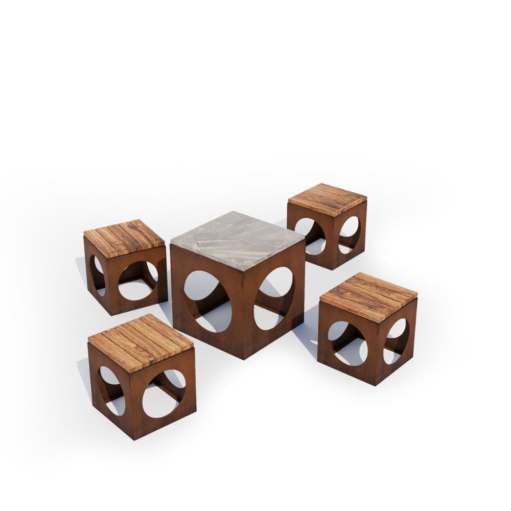 Corten Steel Bulushma Outdoor Cubic Table and Seats - Tool Market 