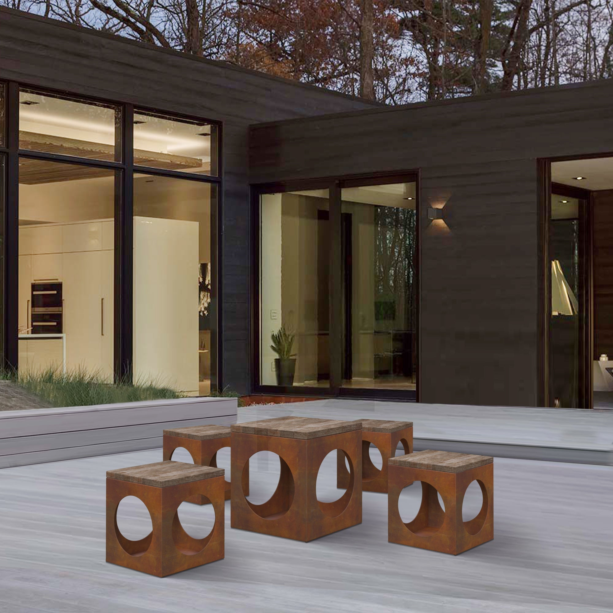 Corten Steel Bulushma Outdoor Cubic Table and Seats - Tool Market 
