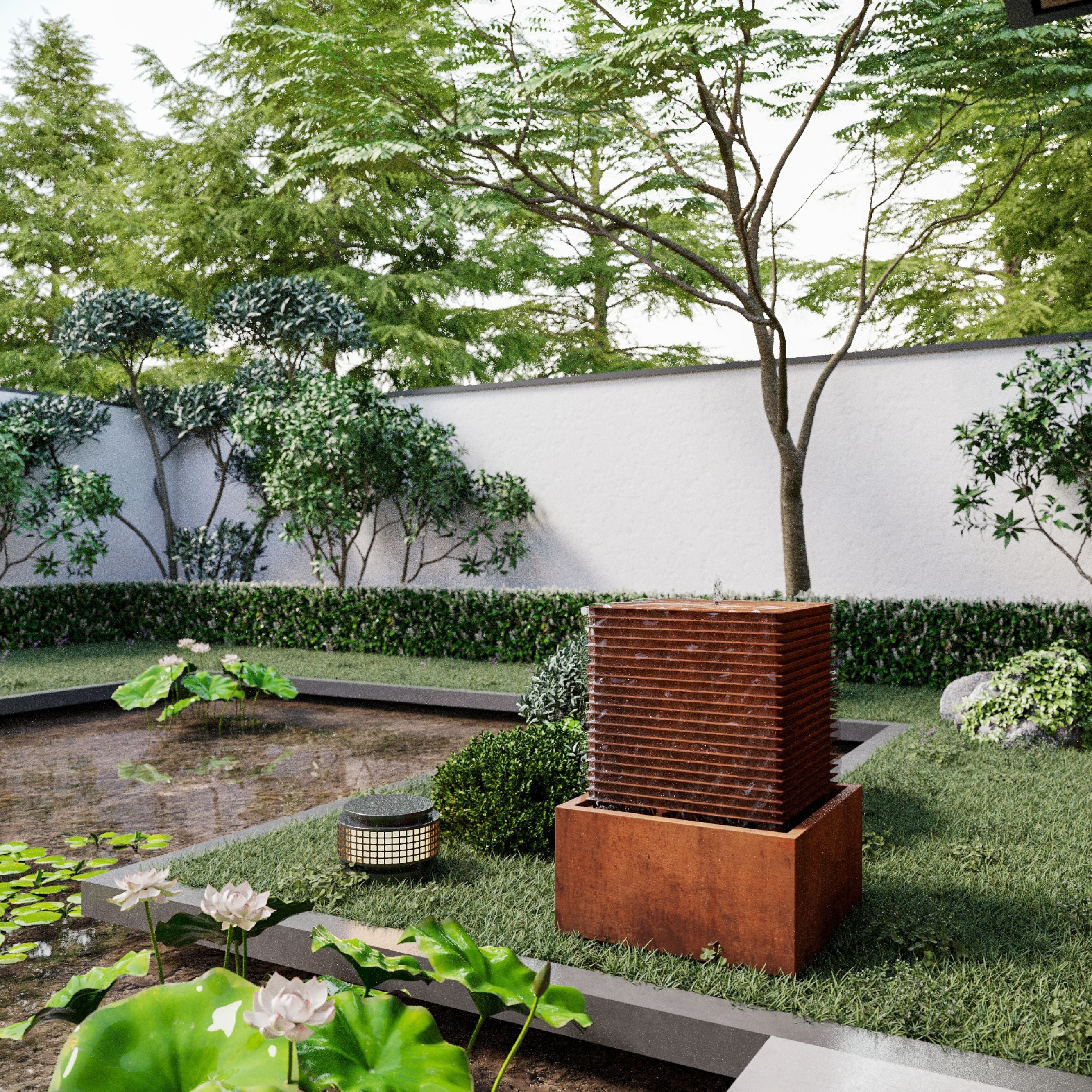 Garden scene with Mac Landscape's water feature, trees, and greenery.