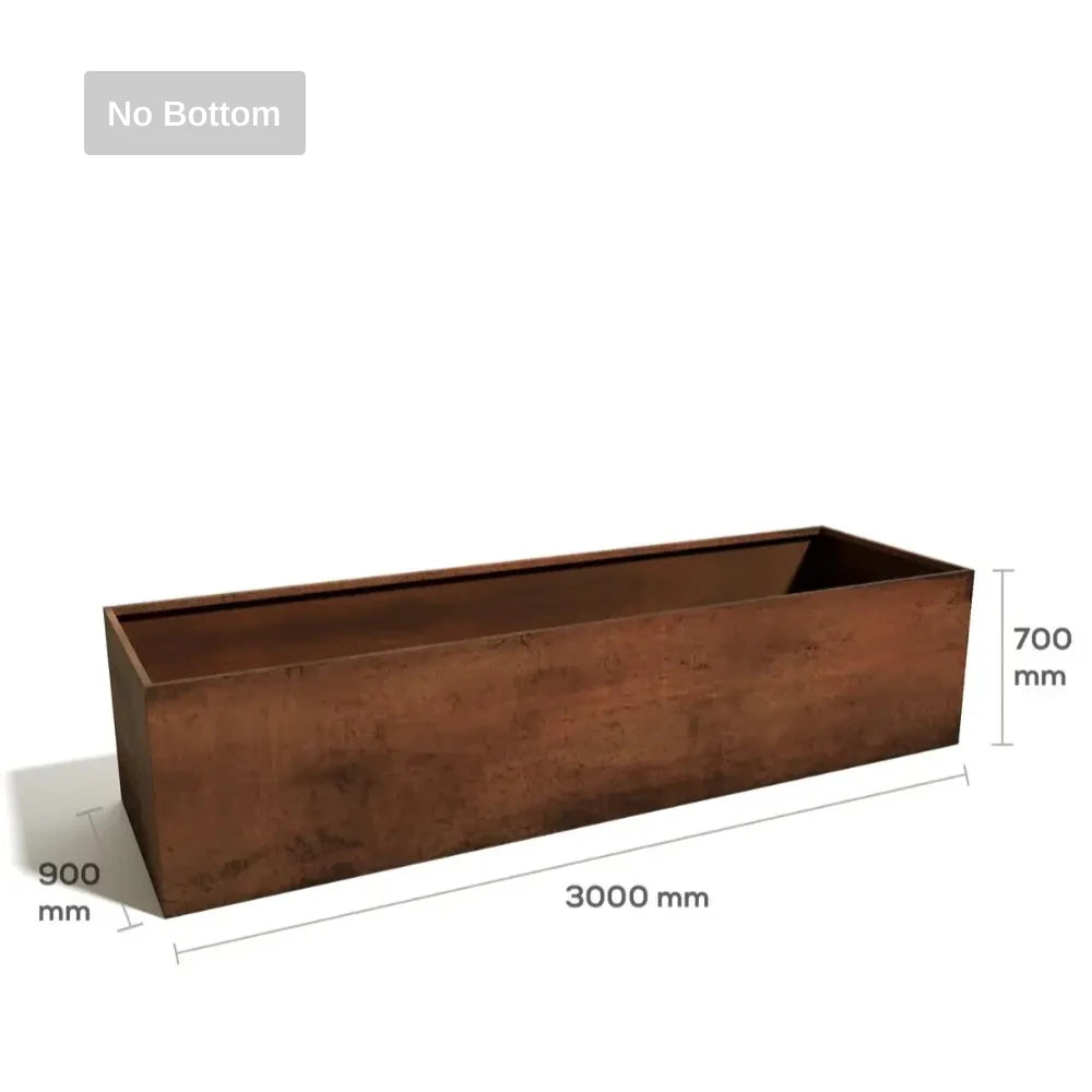 Corten Steel planter with dimensions on a white background