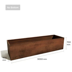 Corten Steel planter with dimensions on a white background